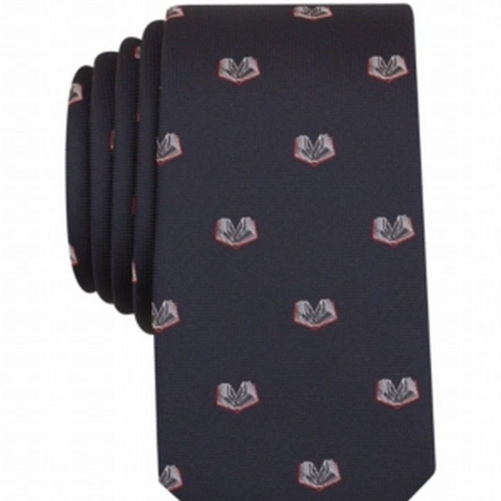 Bar III Navy Blue Slim Open Book Silk Necktie